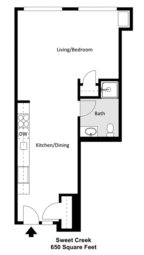 Floor plan for studio, 1 bath, 637 sqft